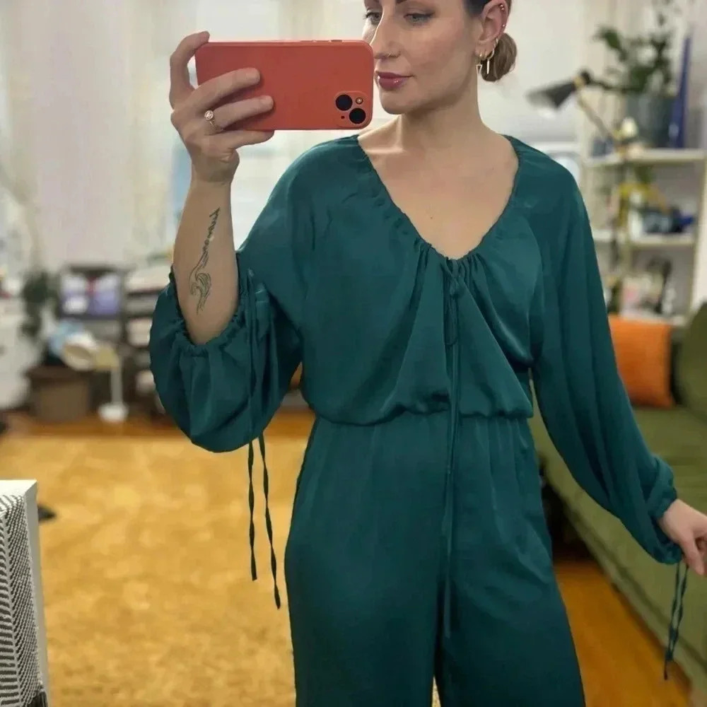 NWOT Dark Green / Turquoise Satin Effect Zara Jumpsuit - Picture 9 of 9